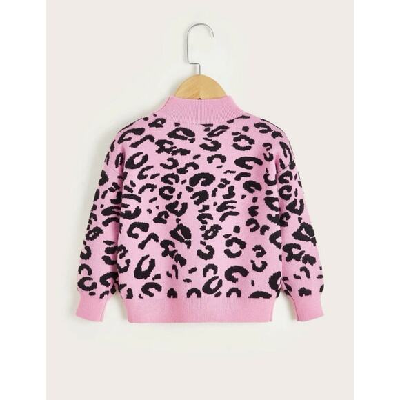 Toddler Kids Knit Leopard Print Pink Black Sweater Top Mock Neck Soft Stretch 2T - Picture 2 of 9
